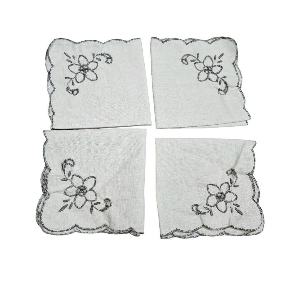 Vintage Set Of 4 Embroidered Linen Napkins With Floral Design MCM Off White Gray